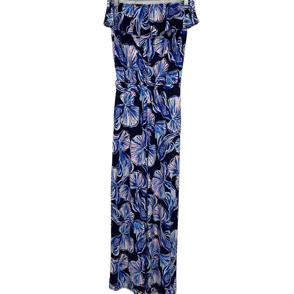 Lilly Pulitzer Alathea Jumpsuit Bright Navy in Reel Life Off Shoulder Size XS - Picture 3 of 13